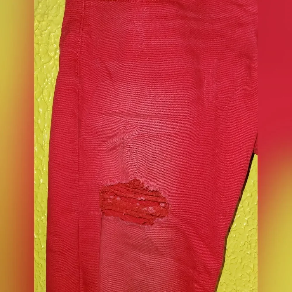 Men's Vibrant Red Skinny Jeans with Distressing